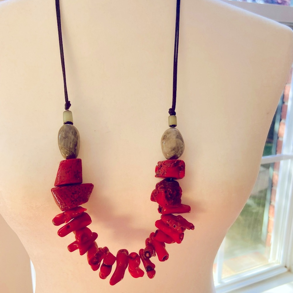 Modern freeform, labradorite and red bamboo coral branch stick necklace